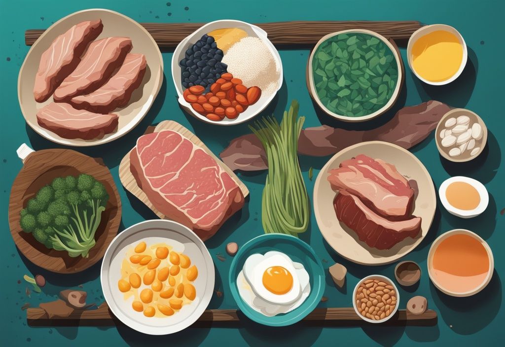 Moderne digitale Illustration in Teal-Tönen mit proteinreichen Lebensmitteln wie magerem Fleisch, Eiern und Bohnen sowie ballaststoffreichen Lebensmitteln wie Vollkorn, Obst und Gemüse auf einem Holztisch. Proteine und Ballaststoffe.