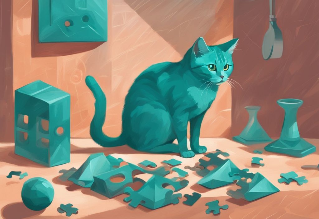 Moderne digitale Illustration in Teal mit einer Sheko-Katze, die neugierig eine Reihe von rätselartigen Objekten untersucht – Sheko im Test.