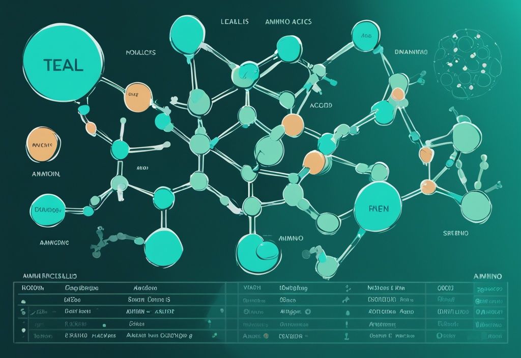 Moderne digitale Malerei mit Teal-Farbschema, zeigt ein buntes Diagramm der molekularen Strukturen verschiedener nicht-essentieller Aminosäuren mit Beschriftungen.