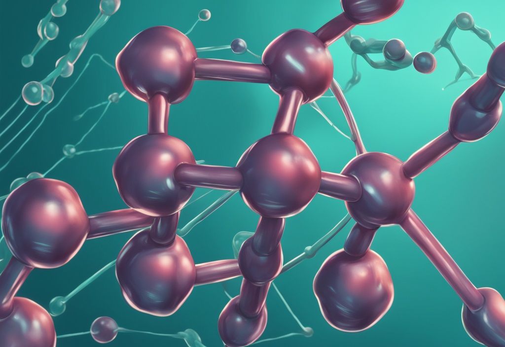 Moderne digitale Illustration in Türkis, zeigt molekulare Struktur von mittelkettigen Triglyceriden, Pfeile weisen auf menschlichen Körper hin, veranschaulicht Vorteile wie gesteigerte Energie und Gewichtsverlust