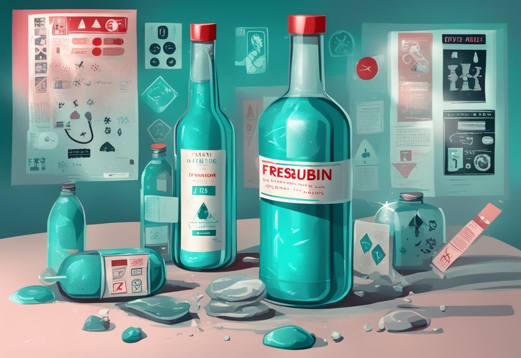 Moderne digitale Malerei mit Fresubin-Flasche, umgeben von Warnzeichen und Symbolen, die auf potenzielle Gefahren hinweisen, Hauptfarbthema: Türkis