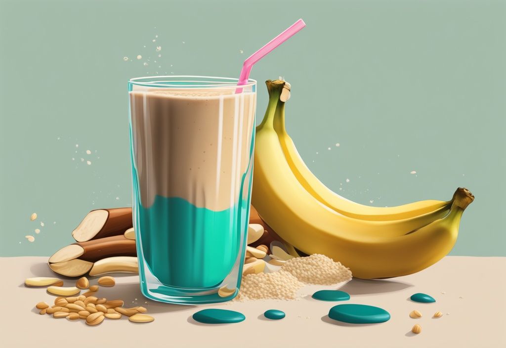 Moderne digitale Illustration eines hochkalorischen Smoothies mit Bananen, Erdnussbutter, Haferflocken und Proteinpulver in einem Glas, ideal zum Zunehmen, Hauptfarbthema Teal