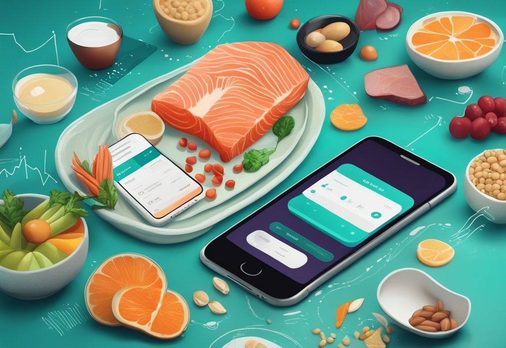 Moderne digitale Malerei mit proteinreichen Lebensmitteln und Smartphone mit Ernährungs-App, Hauptfarbe Teal.