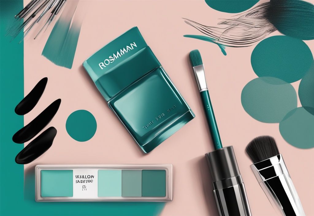 Moderne digitale Illustration in Teal, Mellow Noir Produkt vor Rossmann-Geschäft, Hand testet Produkt auf Haut.