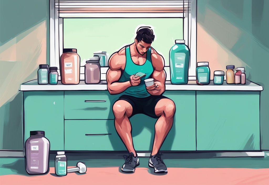 Fitness-Enthusiast nimmt man von Whey Protein zu, prüft nachdenklich eine Dose Whey Protein, mit Hantel und Waage daneben, moderne digitale Illustration in Teal.