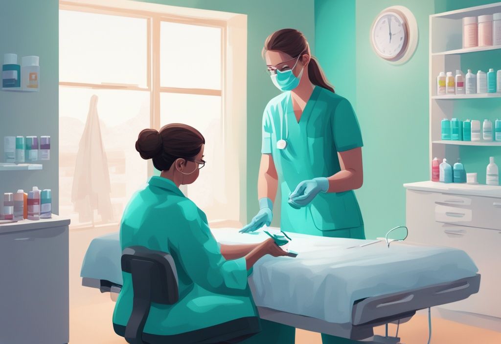 Moderne digitale Illustration in Teal: Gesundheitsexperte führt Fresubin Test bei Patient durch, mit sichtbaren Fresubin Produkten und Testergebnissen.