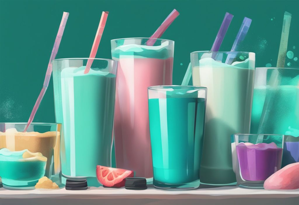 Abnehmshakes Test: Moderne digitale Illustration mit verschiedenen Geschmacksrichtungen von Abnehmshakes, Maßband, Glas und Mixer im Hintergrund, Hauptfarbe Türkis