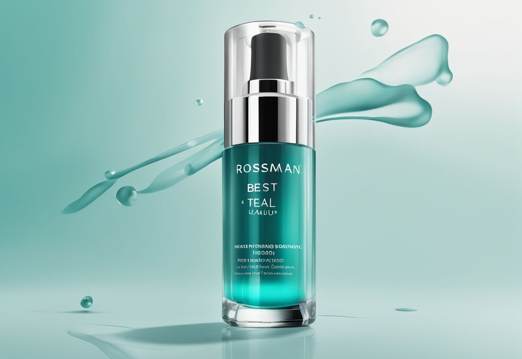 Nahaufnahme des besten Hyaluronserums von Rossmann vor einem modernen, minimalistischen Hintergrund in Teal-Farbtönen.