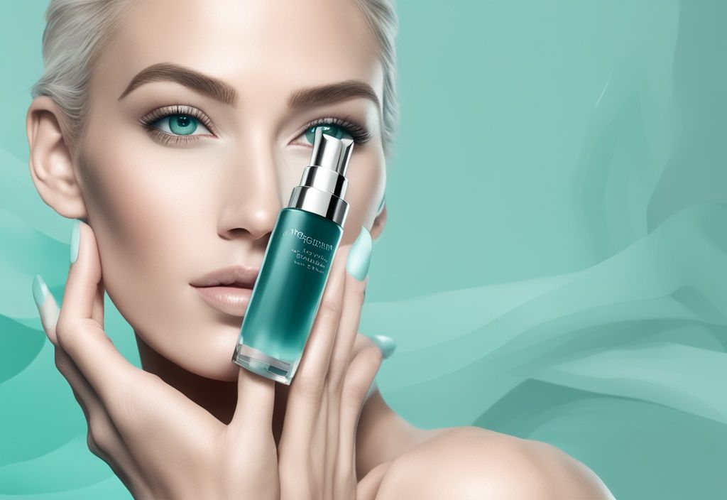 Nahaufnahme des besten Hyaluronserums von Rossmann vor einem minimalistischen Hintergrund in modernen digitalen Malfarben mit Teal-Tönen.