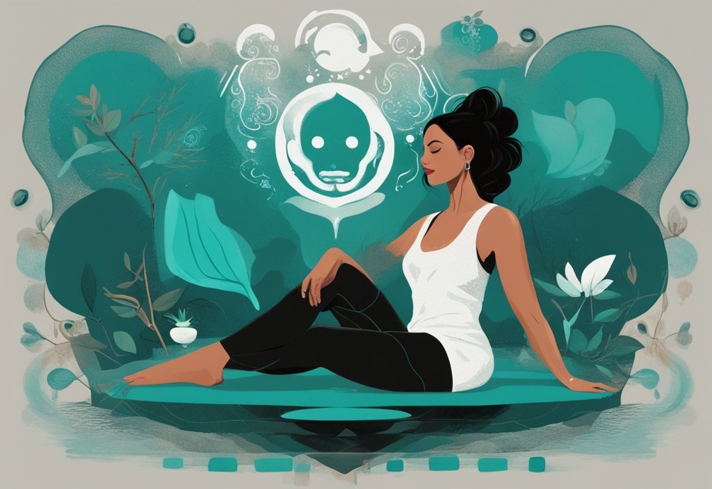 Moderne digitale Malerei mit einer entspannten Frau, umgeben von Shilajit-Elementen und Symbolen, die die gesundheitlichen Vorteile von Shilajit verdeutlichen; Hauptfarbthema: Teal.