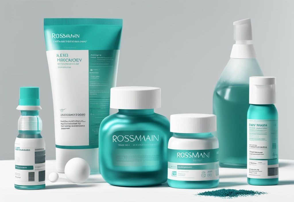 Moderne digitale Illustration in Teal-Tönen mit verschiedenen Rossmann Probiotika-Produkten auf weißer Oberfläche und sichtbarem Testbericht zur Wirksamkeit, Rossmann Probiotika Test.