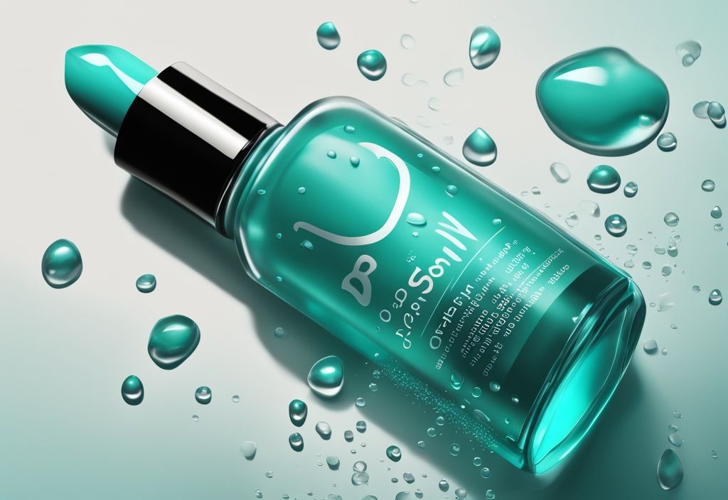 Nahaufnahme des besten Hyaluron Serums von Rossmann in einer eleganten Flasche, mit sichtbaren Tropfen auf einer glatten Oberfläche, in einer modernen digitalen Malerei mit Teal-Farbschema.