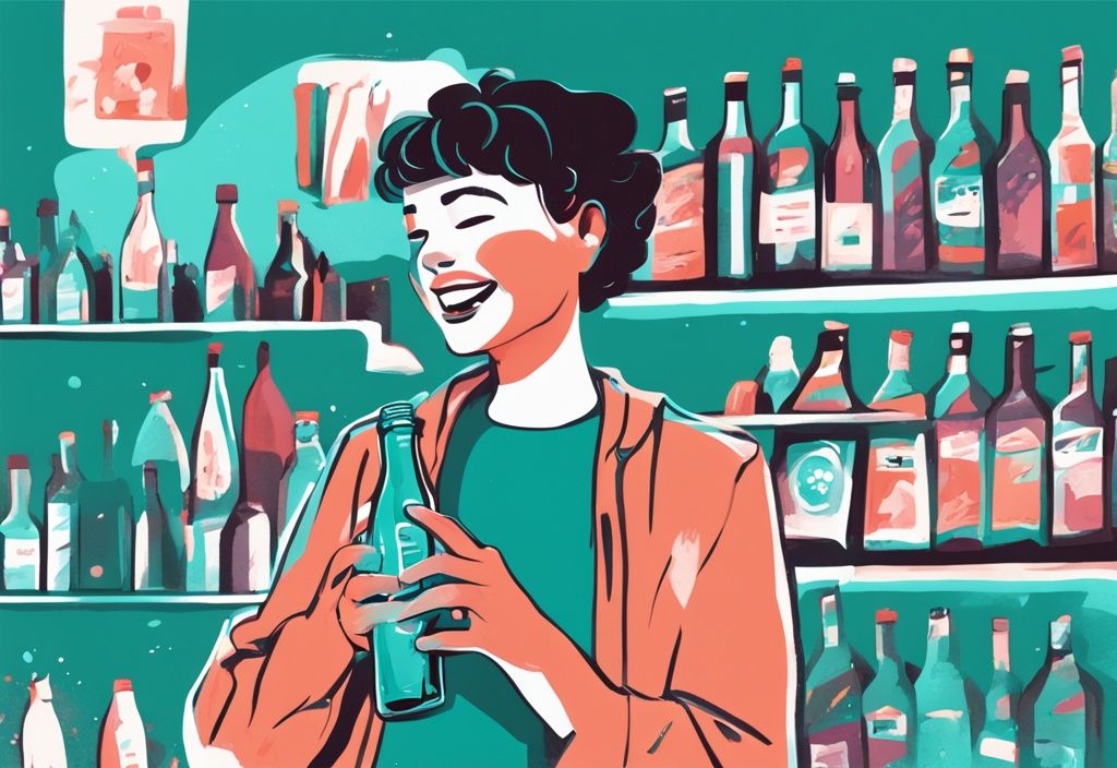 Moderne digitale Illustration in Teal-Tönen: Eine Person hält glücklich eine Flasche Bitterliebe von Rossmann, mit einer Gedankenblase, die verschiedene positive Erfahrungen mit Bitterliebe von Rossmann zeigt.