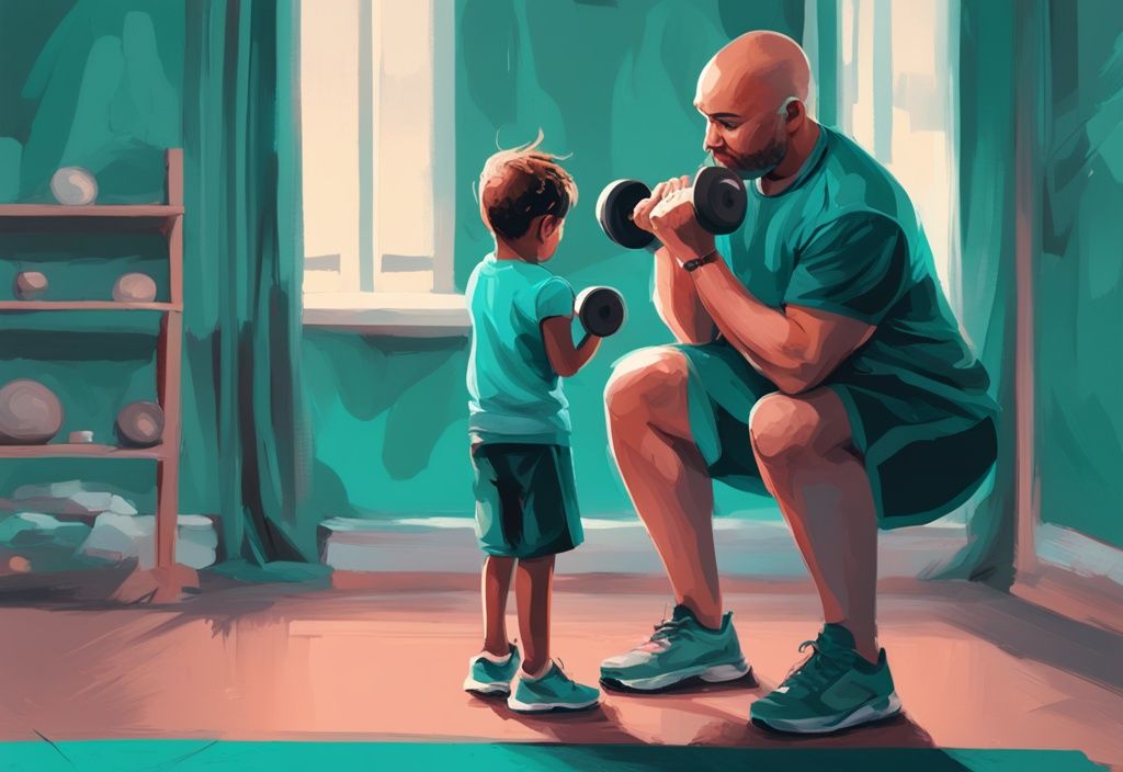 Digitale Illustration in modernen Farben, ein Kind hebt eine leichte Hantel, während ein besorgter Erwachsener im Hintergrund überwacht; ist Krafttraining für Kinder schädlich?