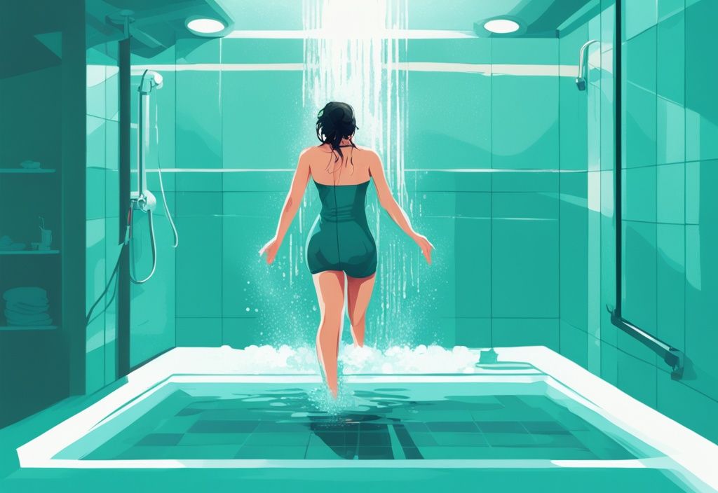 Moderne digitale Malerei eines fitten Individuums, das nach dem Training in eine Dusche steigt, mit dampfenden oder kühlen blauen Tönen, Hauptfarbthema: Türkis.