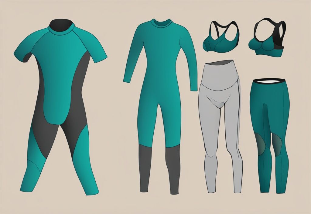 Moderne digitale Illustration von Unterwäsche für Neoprenanzüge in der Hauptfarbe Teal, einschließlich Rashguards, Thermoschichten und Neoprenshorts vor neutralem Hintergrund.