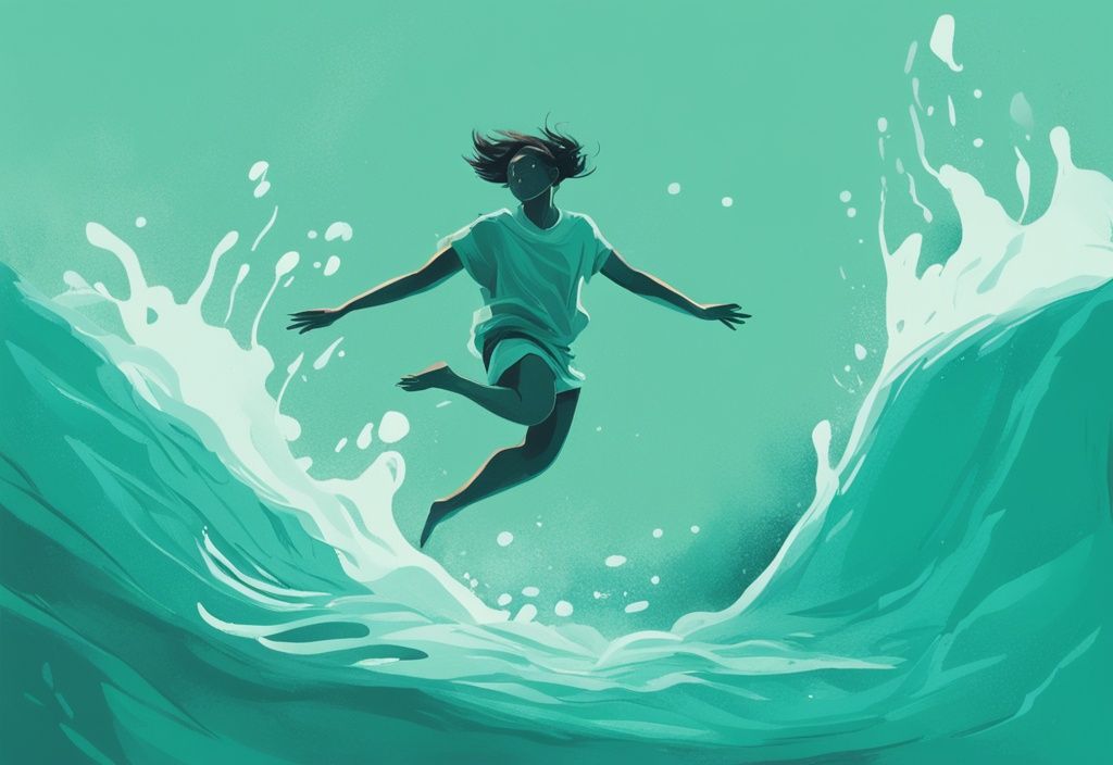 Digitale Illustration: Person springt freudig in kaltes Wasser, während dieselbe Person auf der anderen Seite zitternd und unbehaglich wirkt; Vor- und Nachteile vom Cold Plunge, Hauptfarbthema Teal.