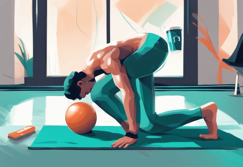 Moderner digitaler Gemälde-Illustration eines Fußballspielers beim Dehnen auf einer Yogamatte mit einem Getränk zur Hydration und einem Physioball in der Nähe, was auf eine Erholungsphase nach dem Spiel hinweist, Hauptfarbthema ist Türkis.