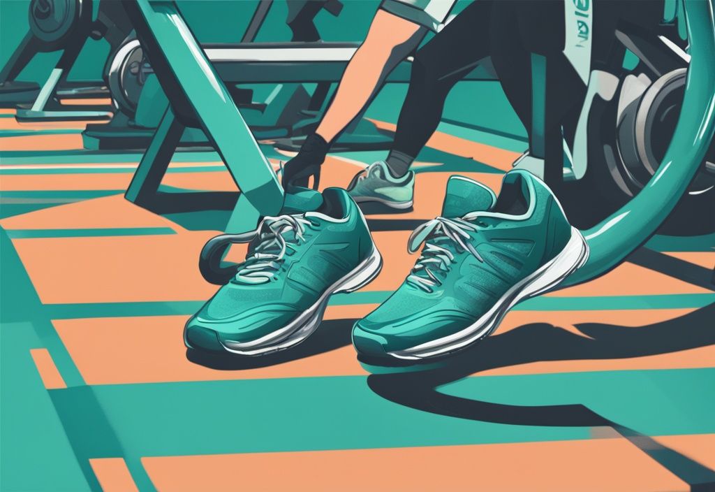 Moderne digitale Malerei mit dem Hauptfarbthema Teal, zeigt verschiedene Sportschuhe wie Laufschuhe, Cross-Training- und Gewichtheberschuhe auf einem Fitnessstudioboden mit verschiedenen Fitnessgeräten im Hintergrund; ideal, um zu entscheiden, welche Schuhe fürs Gym geeignet sind.