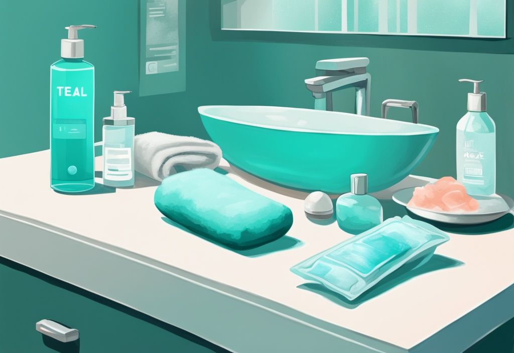 Moderne digitale Illustration mit Teal-Farbthema, zeigt Kältetherapieartikel wie Eisbeutel, kühlende Gelmasken und eine Kryotherapie-Maschine auf einem Badezimmer-Waschtisch.