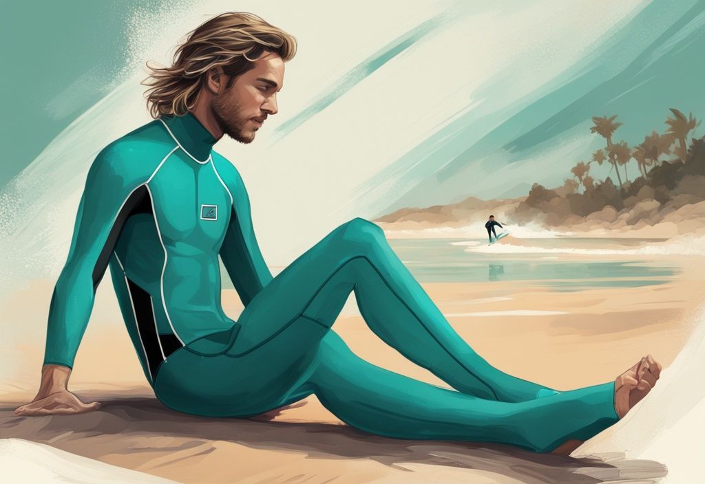 Moderne digitale Illustration eines Surfers, der einen Neoprenanzug anpasst, mit Fokus auf den perfekten Sitz an Handgelenken, Knöcheln und Hals; Hauptfarbthema: Türkis. Keyword: wie muss ein Neoprenanzug sitzen.