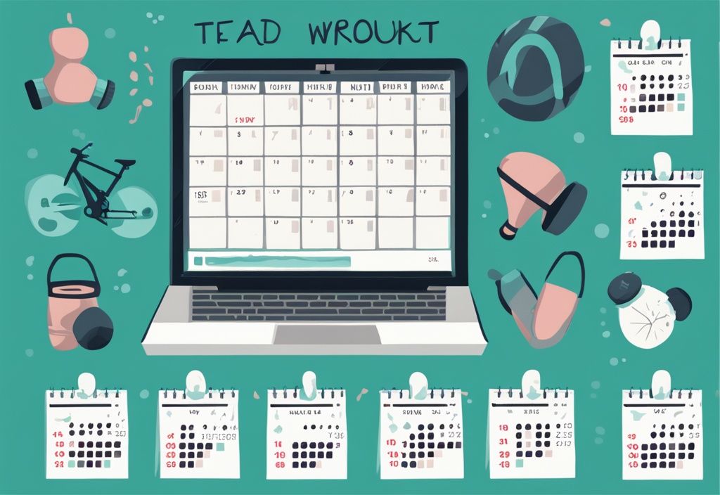 Moderne digitale Malerei mit einem Kalender in Teal-Thema, der Gym-Symbole an verschiedenen Tagen zeigt, was auf einen regelmäßigen Trainingsplan hinweist; Keyword: wie oft sollte man ins Gym gehen.