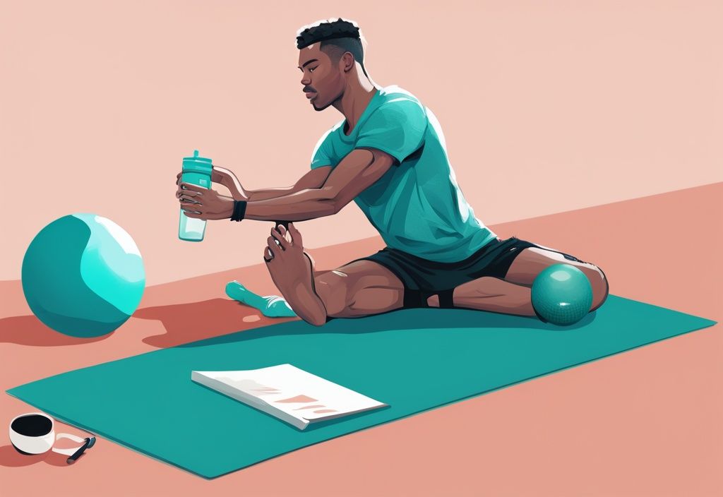 Moderner digitaler Gemälde-Illustration eines Fußballspielers beim Dehnen auf einer Yogamatte, mit Getränk und Physioball für die Regeneration nach dem Spiel, Hauptfarbthema ist Türkis.