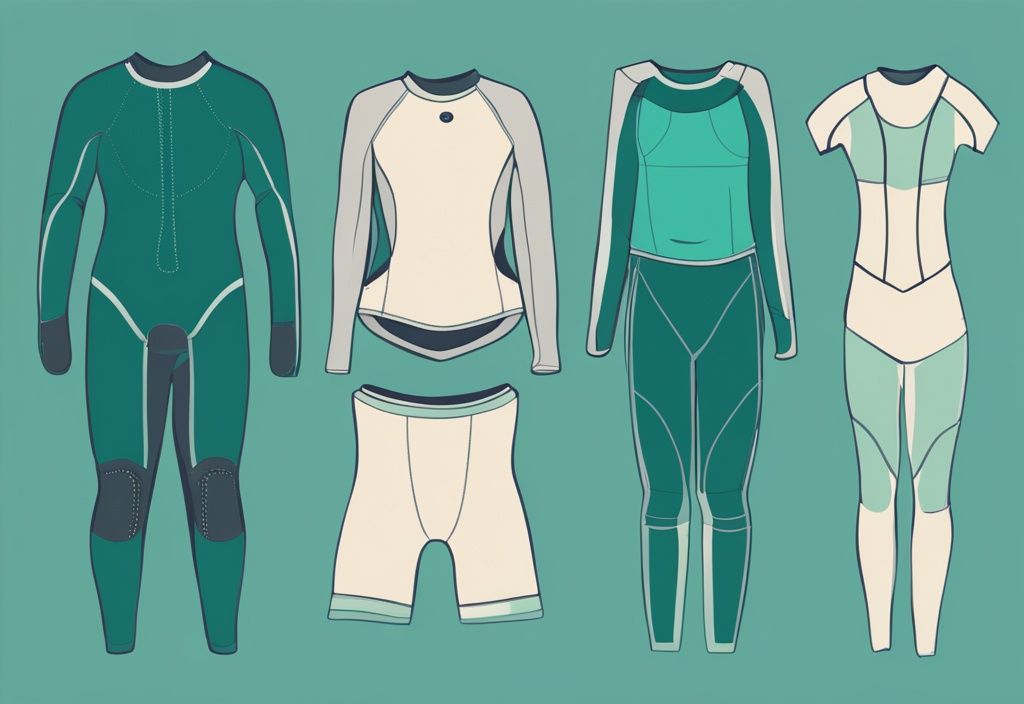 Moderne digitale Illustration von Unterwäsche für das Tragen unter einem Neoprenanzug, einschließlich Rashguards, Thermoschichten und Neoprenshorts, mit Hauptfarbthema in Türkis auf neutralem Hintergrund.