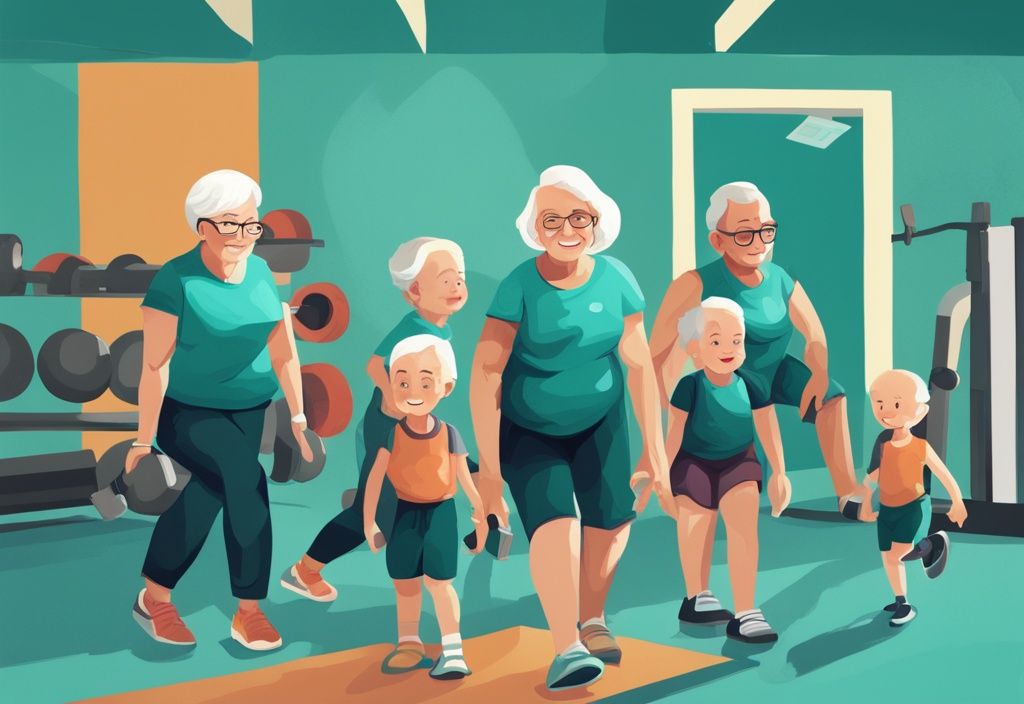 Digitale Illustration in moderner Malerei mit Teal-Farbschema: Eine Altersprogression von Menschen, vom Kind bis zum Senioren, bei altersgerechten Gym-Aktivitäten. Schlüsselbegriff: ab wie vielen Jahren darf man ins Gym.