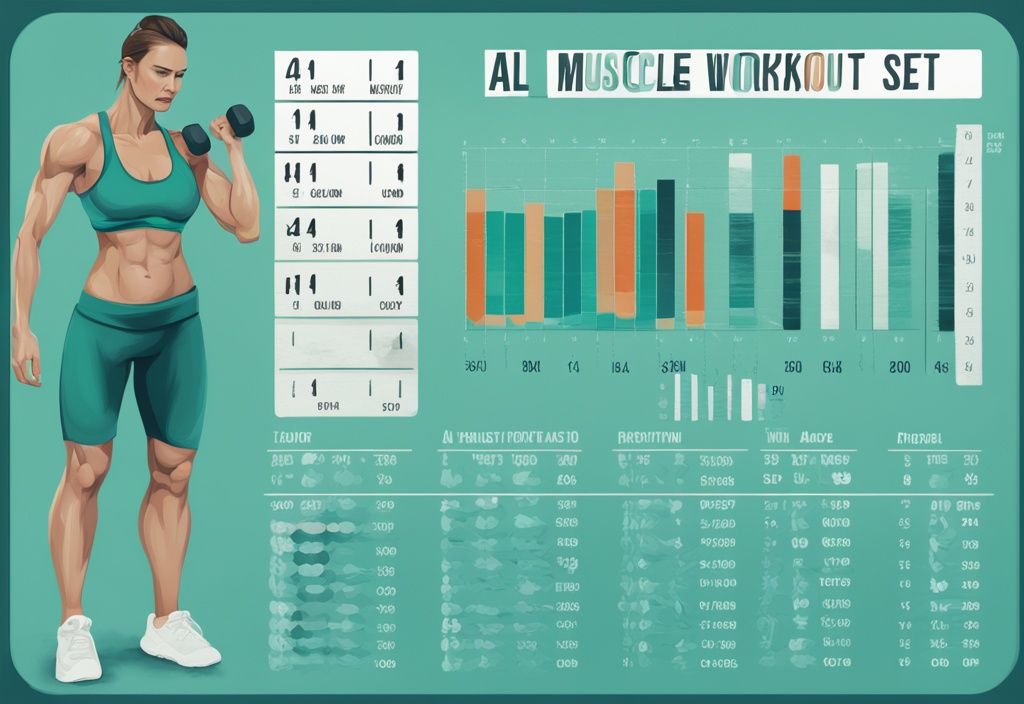 Moderne digitale Malerei mit Teal-Farbthema, zeigt ein Diagramm über die optimale Anzahl von Sätzen pro Muskelgruppe für ein effektives Workout.