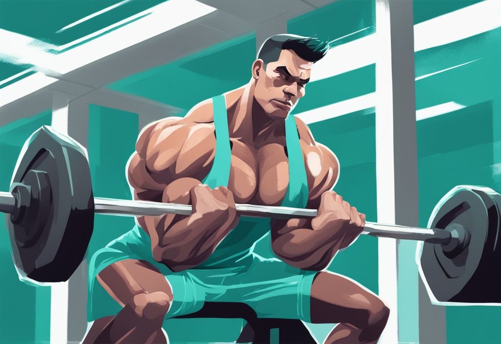 Moderner digitaler Gemälde-Illustration eines muskulösen Individuums, das im Fitnessstudio schwere Gewichte hebt, zeigt sichtbaren Muskelzuwachs und erhöhten Umfang, Hinweis auf den Aufbauprozess, Hauptfarbthema in Türkis.