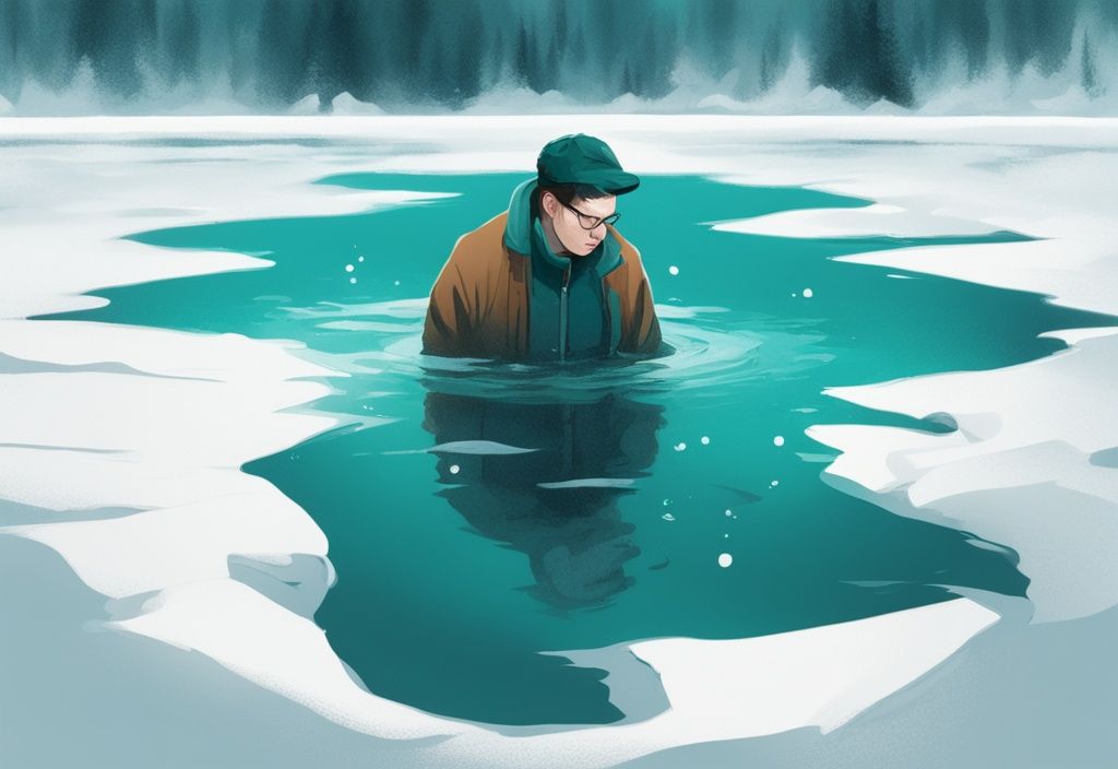 Moderner digitaler Gemälde-Illustration in Türkis, zeigt eine Person bis zum Hals in einem gefrorenen See mit einer Stoppuhr, die die Zeit anzeigt, passend zum Thema "wie lange überlebt man im Eiswasser".