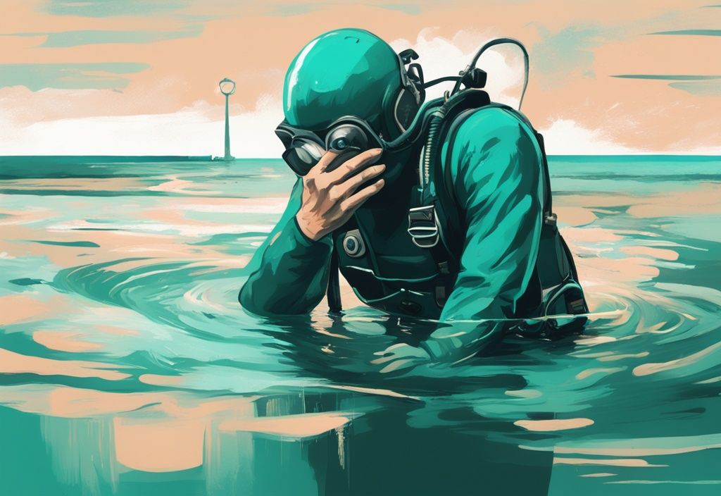 Illustration eines modernen digitalen Gemäldes in Teal-Tönen: Ein Taucher taucht aus dem Wasser auf und hält sich in Unbehagen das Ohr, Ohrenschmerzen nach Tauchen.