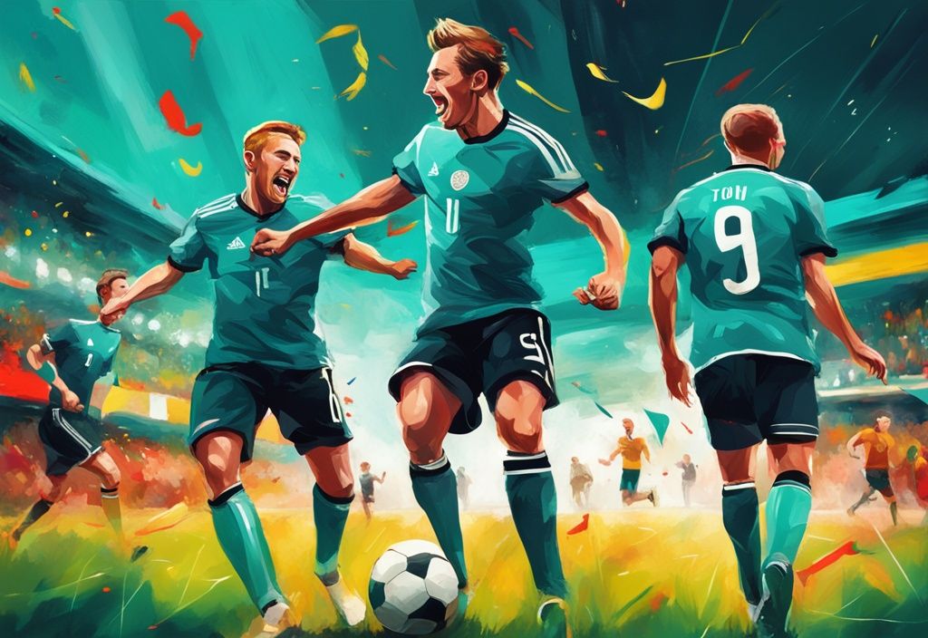 Moderne digitale Malerei einer energiegeladenen Szene eines internationalen Fußballspiels 2025 in Deutschland, mit Spielern in Aktion und jubelnden Fans im Hintergrund, Hauptfarbthema ist Türkis.