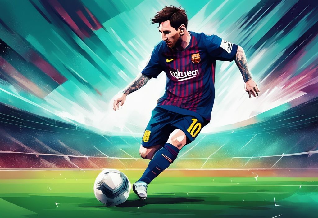 Digitales Gemälde von Lionel Messi beim Dribbling auf einem hell erleuchteten Stadionfeld, Hauptfarbthema Teal, zeigt seine aktive Beteiligung am Fußball.