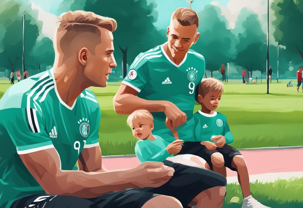 Joshua Kimmich mit seinen Kindern im Park, modernes digitales Gemälde in Teal-Tönen.