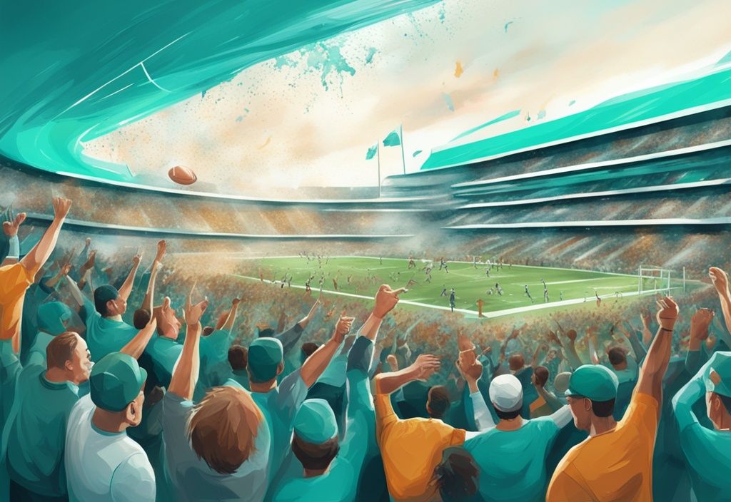 Moderne digitale Malerei eines vollen Stadions mit Fußballspielern in Aktion, einem großen Bildschirm mit der Aufschrift "Fußball Events 2025" und begeisterten Fans mit Fahnen im Thema Teal.