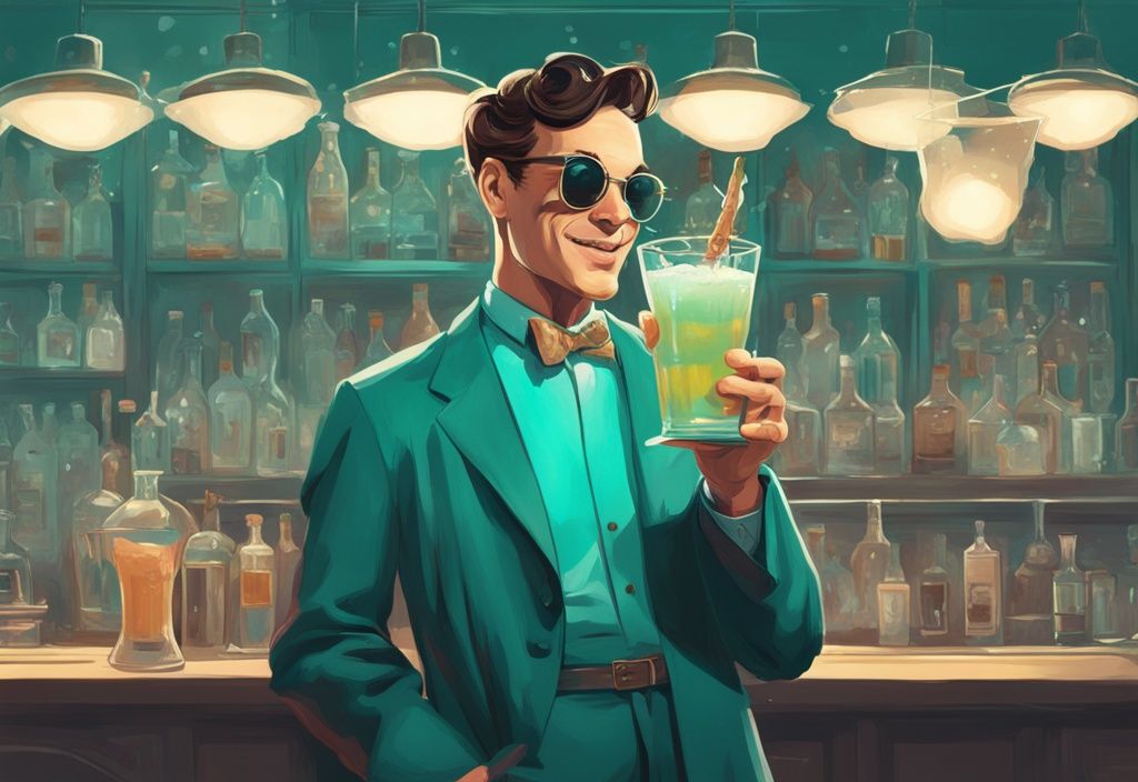 Moderne digitale Malerei einer Erfinderin in einem Vintage-Setting, die ein strahlendes Glas des frisch kreierten Prime Drinks in der Hauptfarbe Türkis hält.