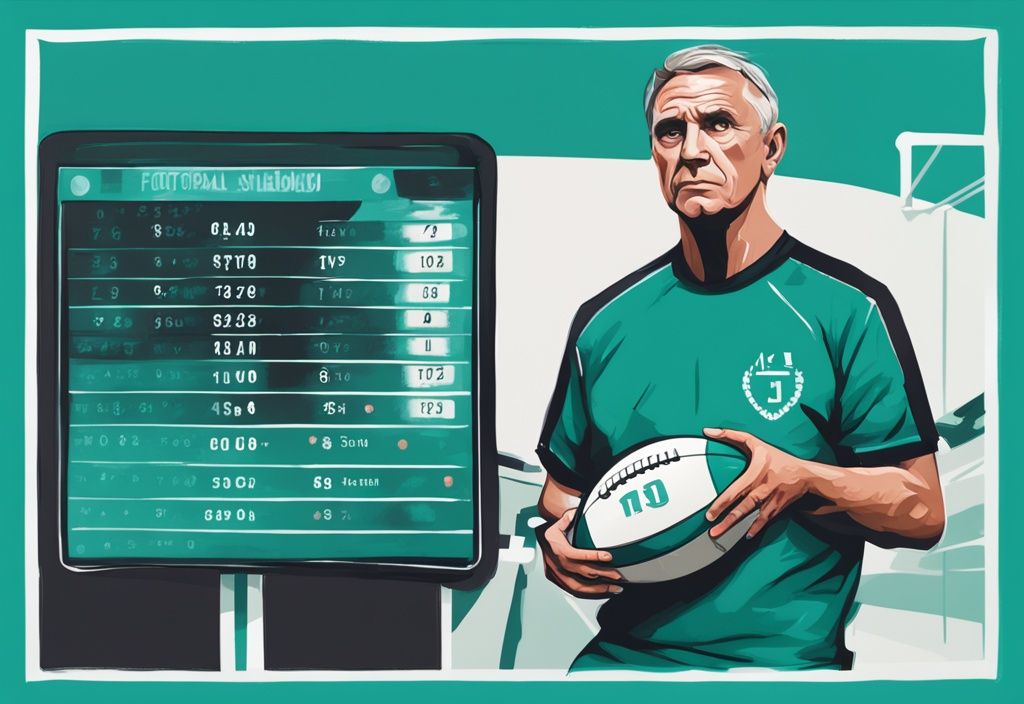 Moderner digitaler Malerei-Illustration mit einem Fußballtrainer, der eine digitale Tafel mit der Anzahl der verbleibenden Auswechslungen in einem Fußballspiel hält, Hauptfarbthema: Türkis.