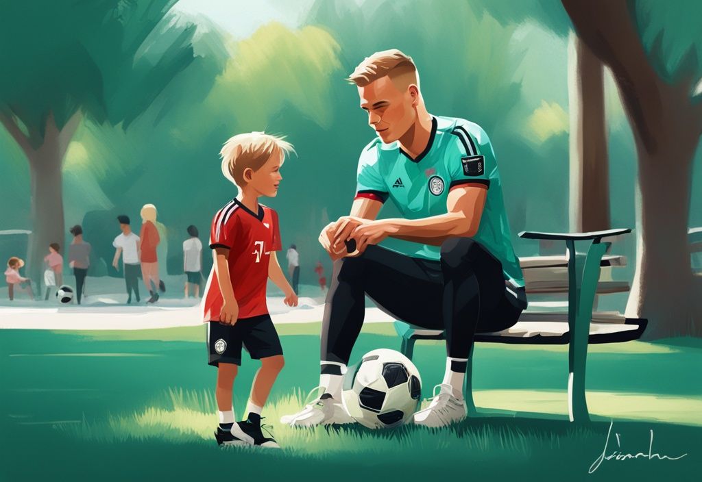 Moderner digitaler Gemälde-Illustration von Fußballprofi Joshua Kimmich, der im Park mit seinen Kindern Zeit verbringt, Hauptfarbthema ist Türkis.