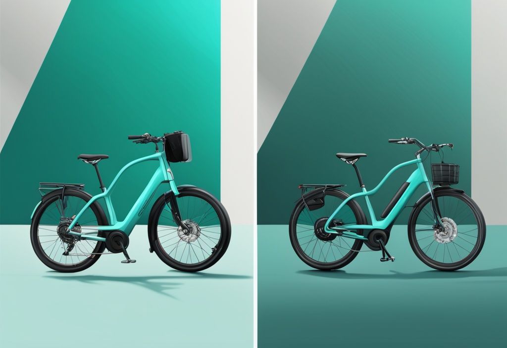 Moderne digitale Illustration in Teal, die den Unterschied E-Bike und Pedelec im Design und in der Funktionalität vergleicht.