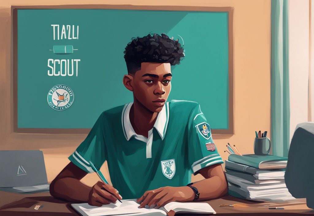 Moderner digitaler Gemäldeillustration eines jungen Mannes, der ein Fußballspiel intensiv studiert, mit einem Notizblock in der Hand und einem "Scout"-Abzeichen auf dem Hemd; Hauptfarbthema ist Türkis, passend zur Suche nach "wie wird man Fußball Scout".