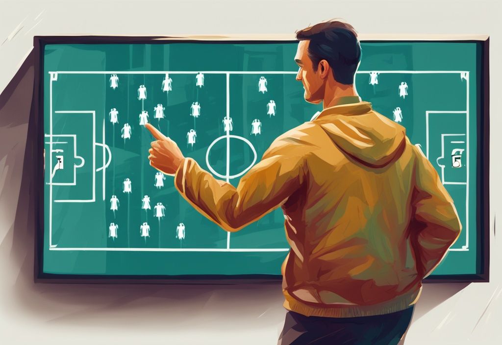 Moderner digitaler Gemäldeillustration eines Fußballtrainers, der auf ein digitales Board zeigt, das die Anzahl der Wechsel während eines Fußballspiels anzeigt; thematisiert die Frage "wie oft darf man beim Fußball wechseln" mit der Hauptfarbe Türkis.