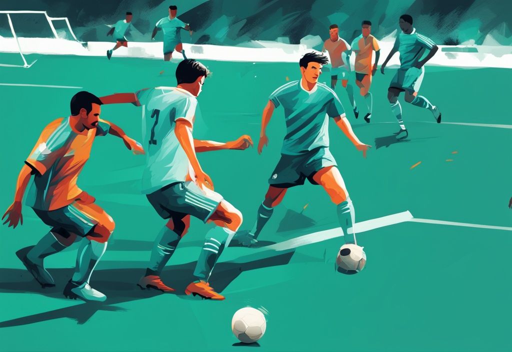 Moderner digitaler Gemäldeillustration eines Fußballspiels in Türkis, zeigt einen Spieler im Abseits während eines Passes.