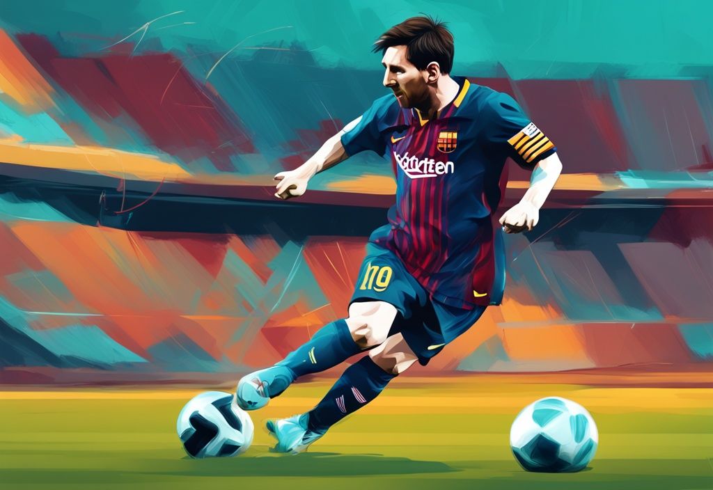 Digitale Illustration von Lionel Messi in Aktion auf dem Fußballfeld, mit dem Hauptfarbthema Türkis, während er geschickt den Ball manövriert; spielt Messi noch Fußball.