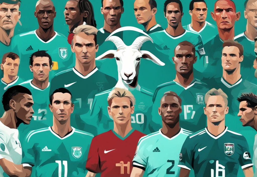 Digitale Illustration mit Teal-Farbschema, zeigt berühmte Fußballspieler mit großem stilisiertem Ziegen-Symbol; wer ist der GOAT im Fußball.