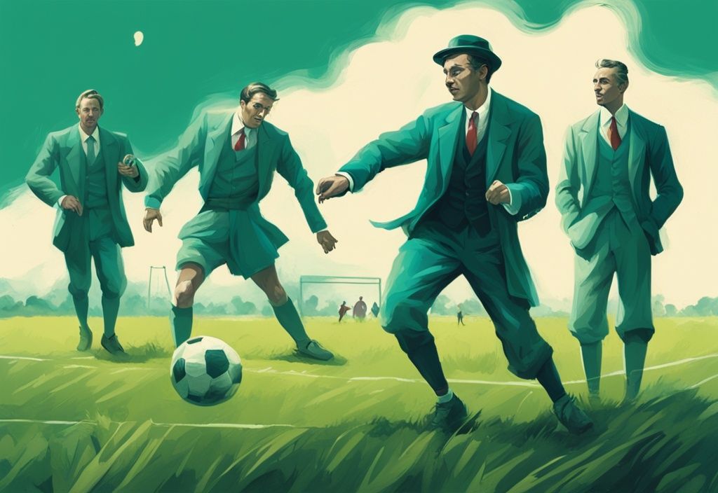 Moderne digitale Malerei mit dem Hauptfarbthema Türkis, die eine historische Szene zeigt: Männer in Vintage-Kleidung spielen eine frühe Form von Fußball auf einem Grasfeld, während eine prominente Figur, möglicherweise der Erfinder, das Spiel leitet. Keyword: wer hat Fußball erfunden.