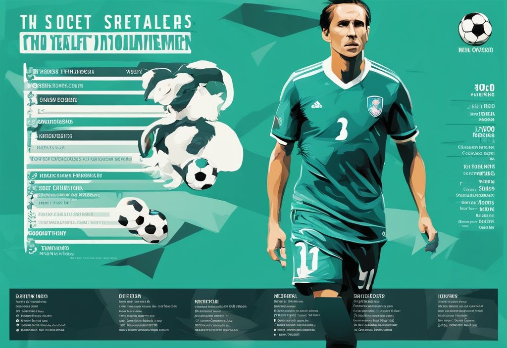 Moderne digitale Malerei mit Teal-Farbschema, die ein Vergleichs-Infografik der besten Fußballspieler als 'GOAT' zeigt, inklusive ihrer wichtigsten Statistiken und Erfolge.