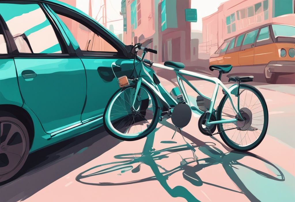 Moderne digitale Malerei mit Teal-Farbthema: Fahrrad sicher im geräumigen Auto verstaut, Rücksitze umgeklappt.