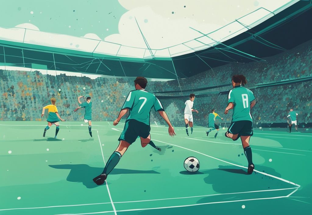 Moderne digitale Illustration eines Fußballfeldes in Aktion mit Spielern, einer gepunkteten Linie zur Abseitsposition und Hauptfarbthema in Türkis, was ist Abseits beim Fußball.